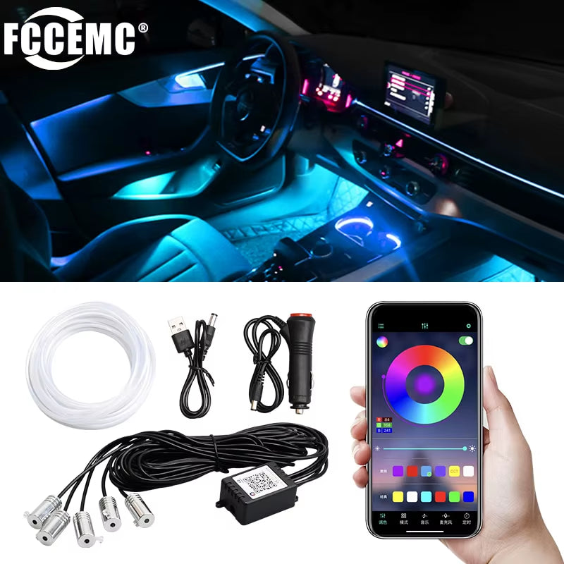 Car LED Interior Atmosphere Lights Universal RGB Ambient Light Optic Fiber APP Music Control Auto Decorative Neon Lamp