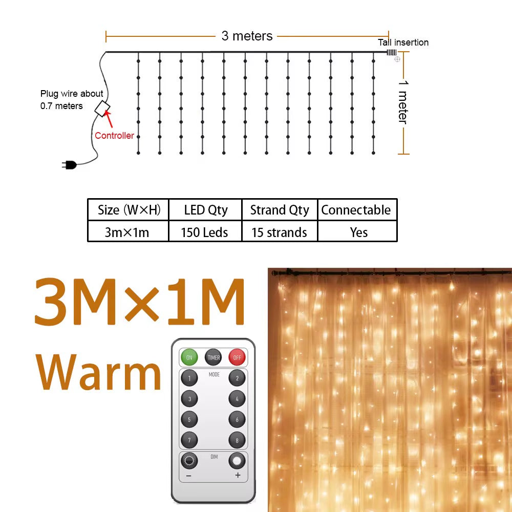 3X1 3X2 3X3 LED Christmas Garland Fairy Light String Lights Curtains Bedroom New Year Wedding Decoration Holiday Lights