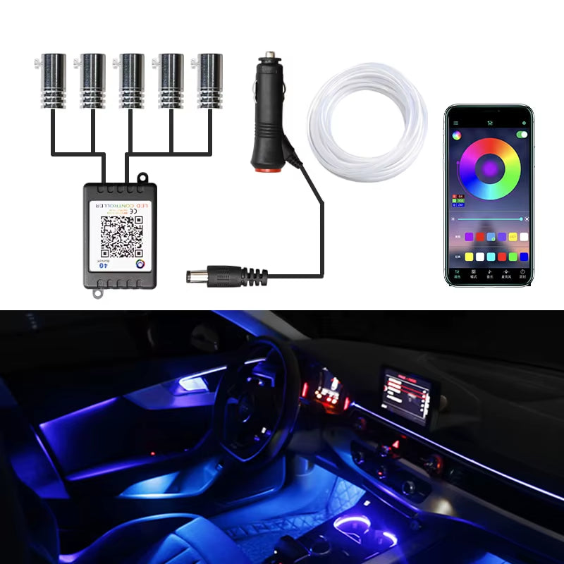 Car LED Interior Atmosphere Lights Universal RGB Ambient Light Optic Fiber APP Music Control Auto Decorative Neon Lamp