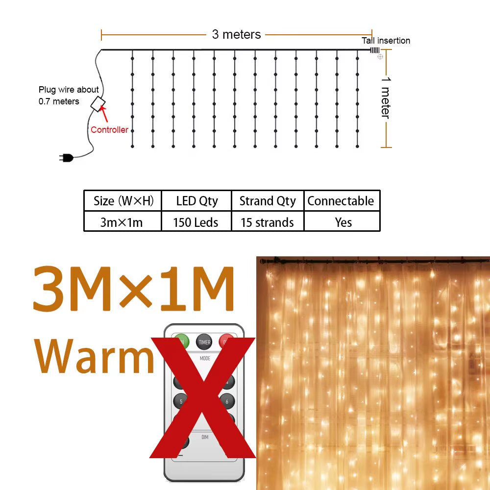 3X1 3X2 3X3 LED Christmas Garland Fairy Light String Lights Curtains Bedroom New Year Wedding Decoration Holiday Lights