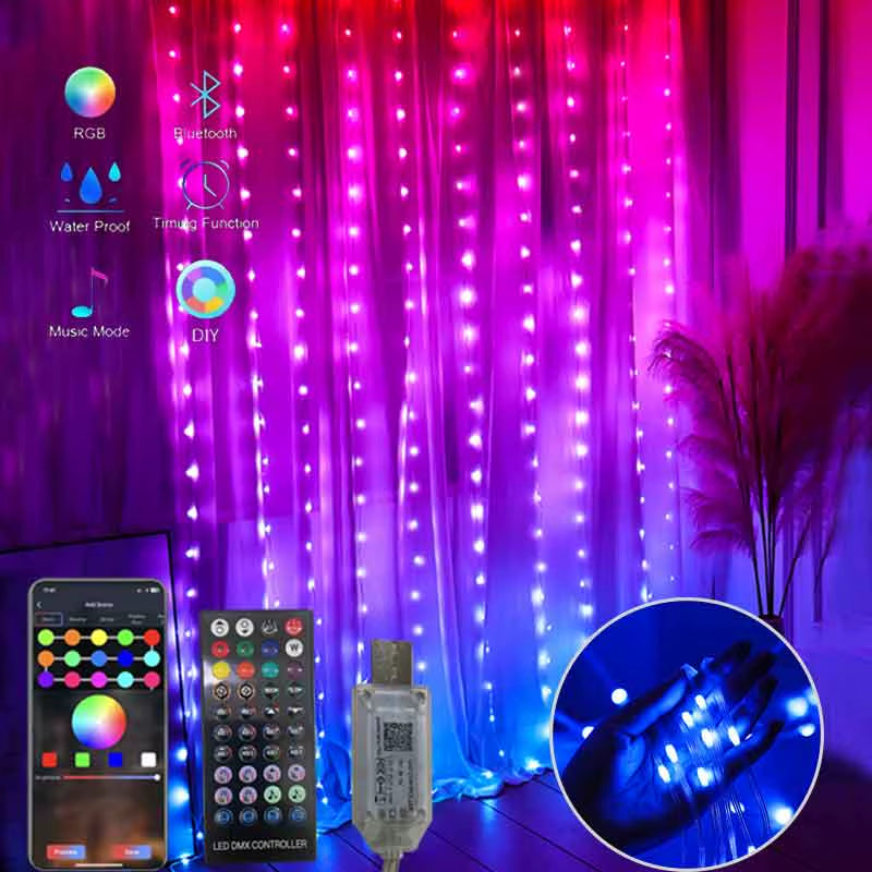 LED Curtain Lights Fairy String Lights Festival Lighting Rainbow Window Lamp Home Bedroom Christmas Decoration App Control DIY